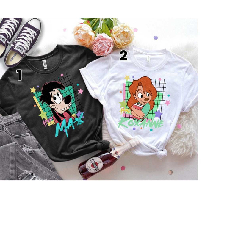 Retro 90s Max and Roxanne Shirt, A Goofy Movie Shirt, Disney Couple Matching T-shirt, Gift for Him Her Unisex T-shirt Sw.jpg
