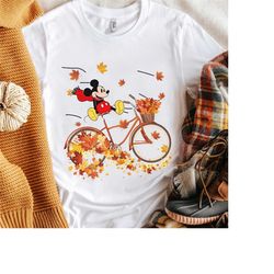 mickey mouse ride bycicle with autumn maple leaves shirt, disney cute fall tee, fall vibe thanksgiving shirt, disneyland