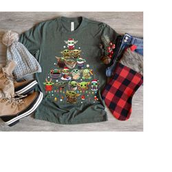 star wars santa baby yoda christmas tree shirt, the mandalorian xmas lights galaxys greetings tshirt, star wars disney