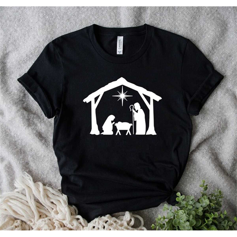 Holiday Shirt, Black Silhouette of Christmas Nativity Manger Scene with Baby Jesus Shirt, Mary, Joseph, North Star Shirt.jpg