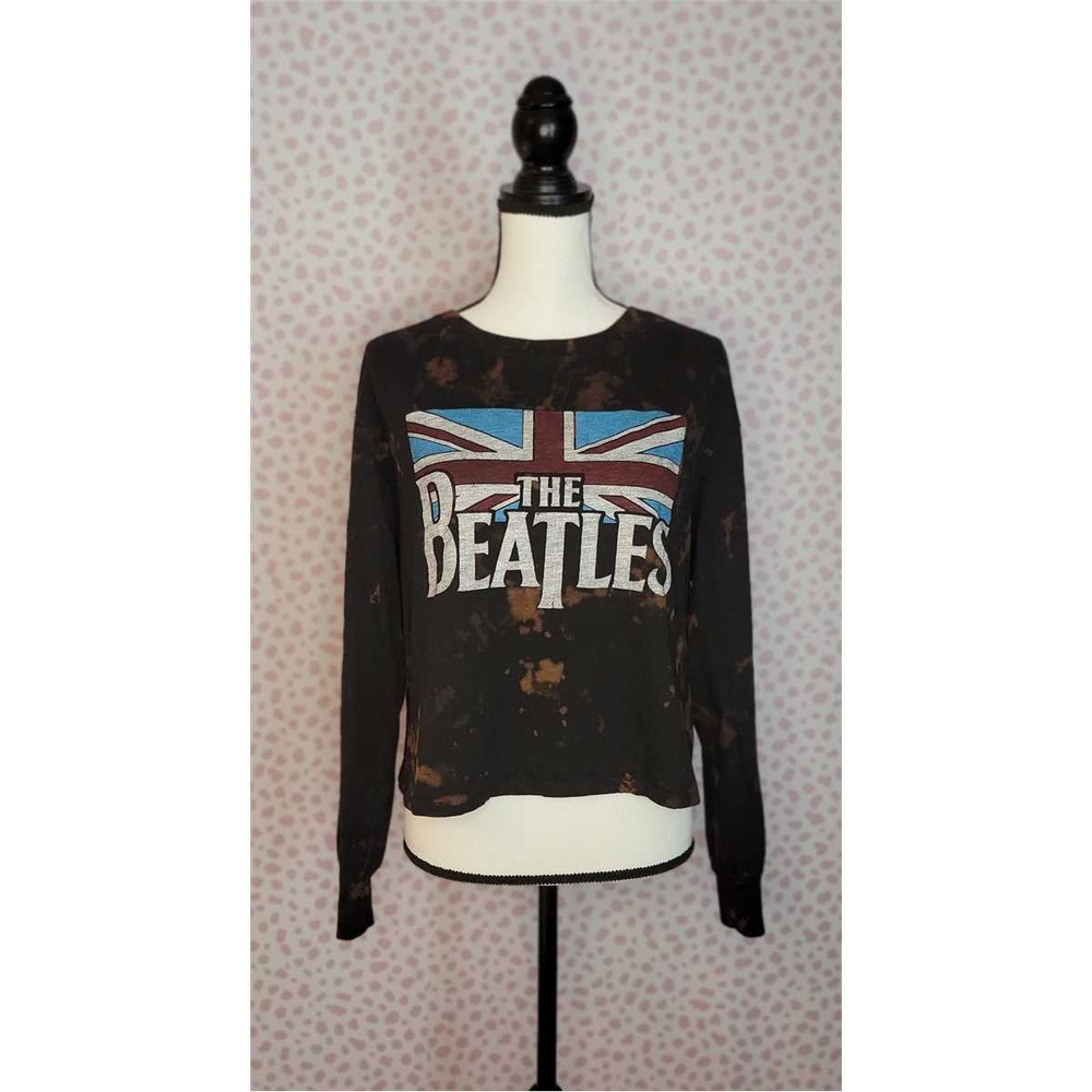 The Beatles Distressed Long Sleeve Crop Top Vintage Style Band Tee, Union Jack Flag, Women's Size 2X.jpg