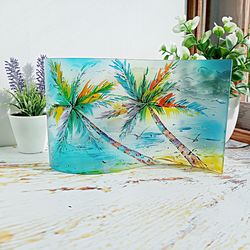 Glass Wave Art Stained Glass Palm Tree Painted Glass Panel Sun catcher Glass Screen Sea
