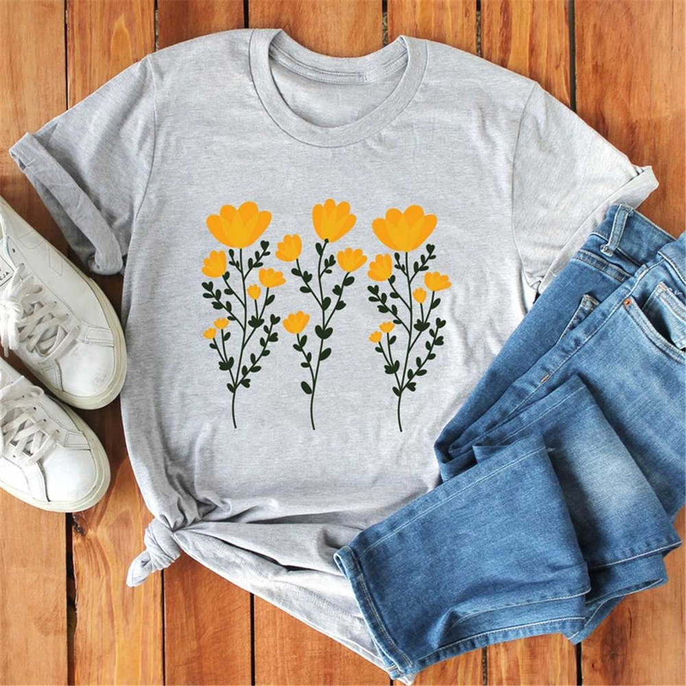 Yellow Flowers and Stems Shirt, Cute Boho Yellow Flowers, Women Flower Shirt.jpg