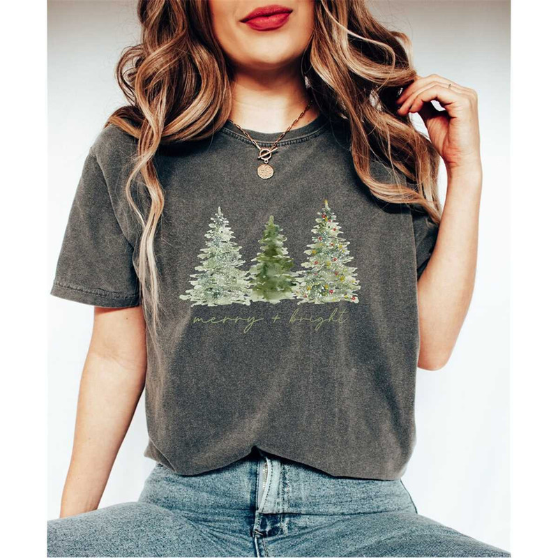 Comfort Colors Merry And Bright Cute Christmas Trees Shirt, Retro Christmas Shirt, Christmas Family Tee, Merry Christmas.jpg