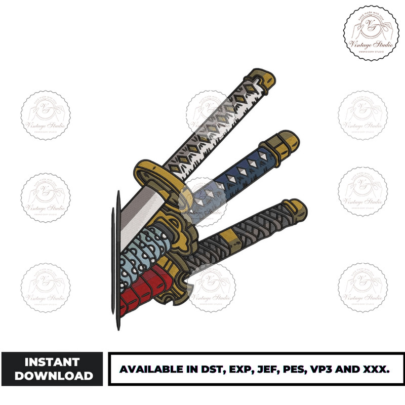 New 3 Katana One Piece Embroidery Design - Embroidery Market.png