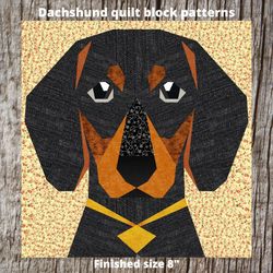 Dachshund quilt block patterns 4 versions with variations. Dog quilt block PDF patterns in paper piecing technique.