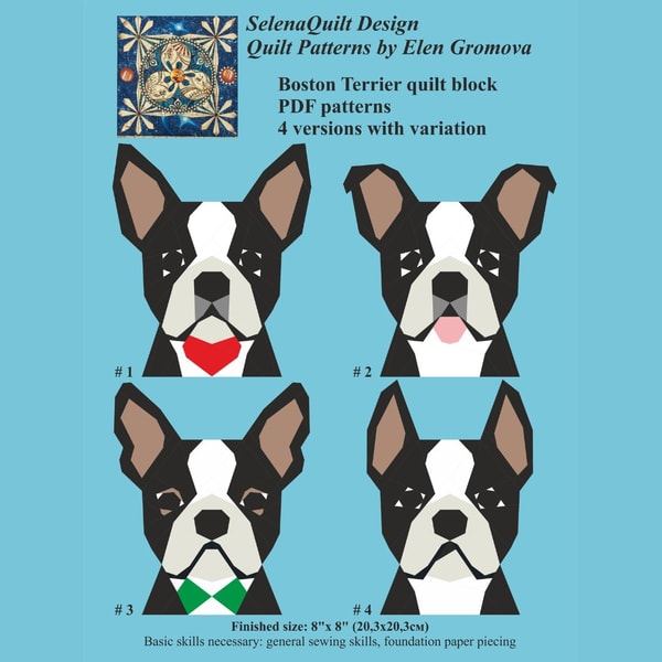 Boston Patterns Boston terrier quilt block patterns 4 versions in paper piec | Inspire ...