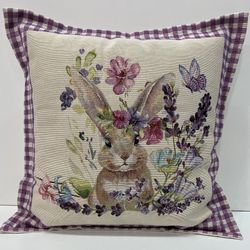 Bunny with Flowers Cushion Cover 40x40 cm, Decorative Cushion Cover, Handmade Floral Pillow Cover, Easter Cushion Cover