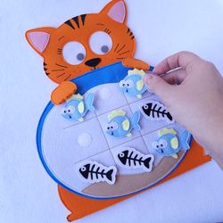 felt tic tac toe, felt orange cat, travel toys, felt games for children velcro toys