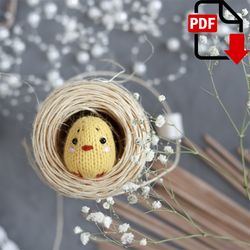 Knitted Easter decor. Knitting bird pattern. Cute chicken toy