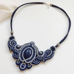 Blue Statement Necklace with Lapis Lazuli Stone - Handcrafted Designer Necklace