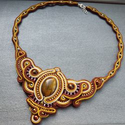 Tiger's eye necklace, brown and gold statement necklace, Bead embroidered Soutache necklace
