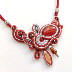 Red Statement Necklace with Carnelian Stone - Handcrafted Designer Necklace