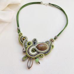 Green Statement Necklace with Unakite Stone - Designer Necklace