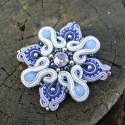 Purple brooch, Beaded brooch flower, Soutache Embroidered brooch