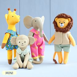 4 PDF Mini Safari Stuffed Animals (Elephant, Giraffe, Lion and Monkey) Sewing Patterns Bundle