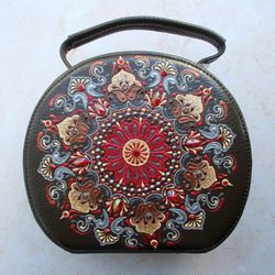 Hand painted bag - Leather bag, Round crossbody, Messenger bag, Boho shoulder bag, Circle bag with Zipper, Hippie gift