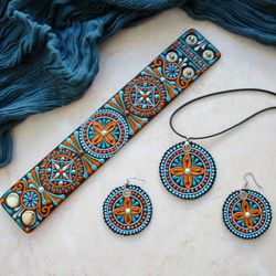 Hand painted leather cuff, Wide leather bracelet, Leather choker, Mandala pendant, Round leather earrings - Set of 3