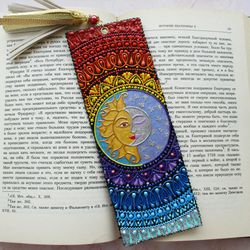 Handcrafted personalized bookmark, Painted leather bookmark - Tassel, Sun and moon, Rainbow bookmark, Day and night