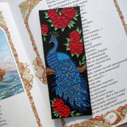 Personalized bookmark, Leather bookmark for women, Painted bookmark, Peacock, Gifts for book lovers, Custom bookmark