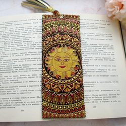 Hand painted bookmark, Bookmark personalized, Leather bookmark, Mandala bookmark, Tassel bookmark, Sun, Retirement gifts