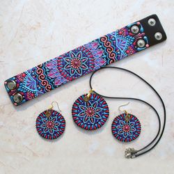 Hand painted bracelet, Leather cuff bracelet, Hippie pendant on cord, Mandala necklace, Boho earrings - Set of 3