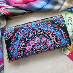 Leather zipper wallet, Painted wallet, Leather purse, Money holder, Mandala clutch, Credit card case, Bohemian wallet