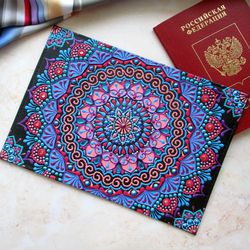 Hand painted passport cover, Leather passport holder, Passport wallet mandala, Passport case boho, Travel gift for women