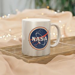 retro nasa mug, metallic silver mug, vintage nasa mug, perfect gift for a space geek, astronomy gift, space exploration
