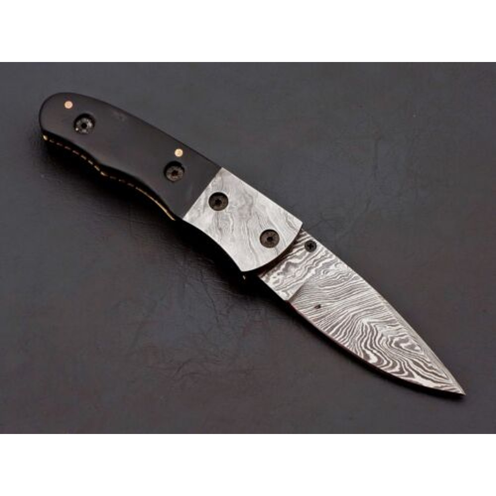 Custom Handmade Damascus Folding Knife Pocket knife w Leather EDC Gift for him (2).jpg