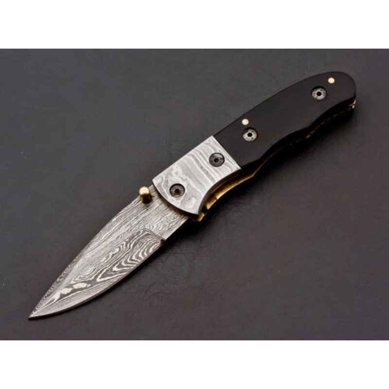 Custom Handmade Damascus Folding Knife Pocket knife w Leather EDC Gift for him (4).jpg