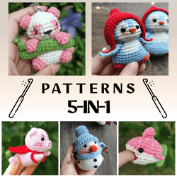 5-IN-1 Amigurumi Crochet Patterns: Panda Bear, Strawberry Shark, Super Pig, Snowman, Penguin (ENG)