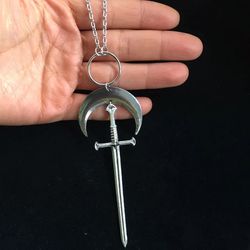 Zinc Alloy Silver Sword Pendant Necklace With Crescent