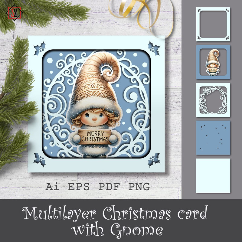 Multilayer Christmas Card With Gnome 0