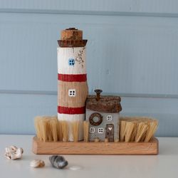 Seaside Driftwood Lighthouse and Cottage Set with Natural Bristle Base. Original interior decor and a holiday gift