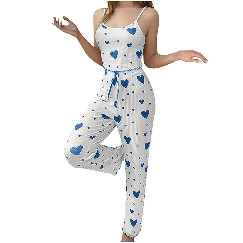 Trendy Women Pajamas Comfy Short Vest Breathable Trouser Set Casual Love Print Lounge Wear 8