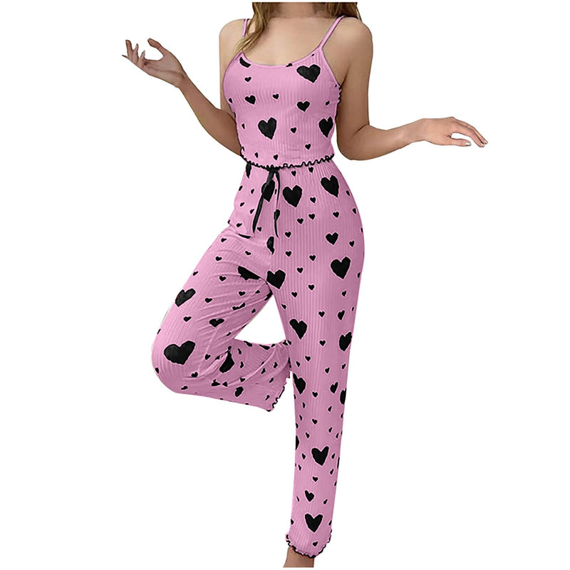 Trendy Women Pajamas Comfy Short Vest Breathable Trouser Set Casual Love Print Lounge Wear 6