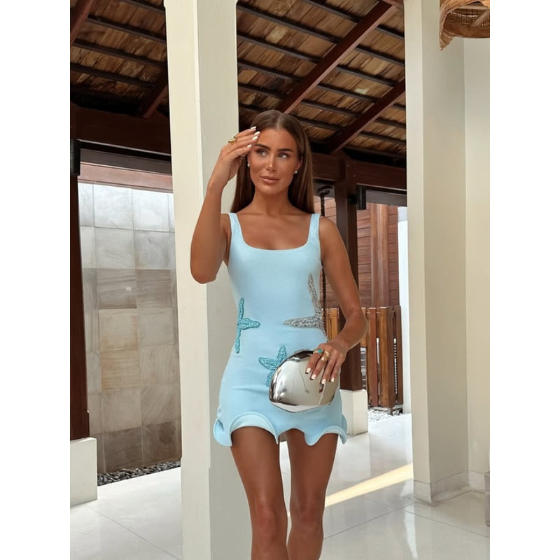 Chic Sparkling Star Print Ruffle Women Mini Dresses, Elegant Sleeveless Backless Pleated Knit Prom Dresses