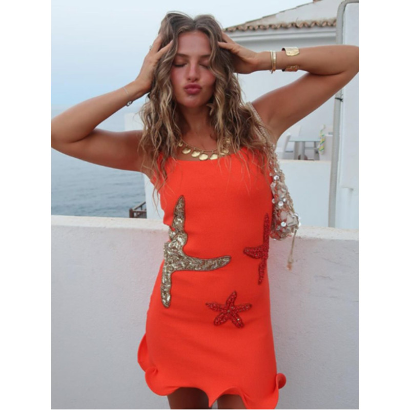 Chic Sparkling Star Print Ruffle Women Mini Dresses, Elegant Sleeveless Backless Pleated Knit Prom Dresses