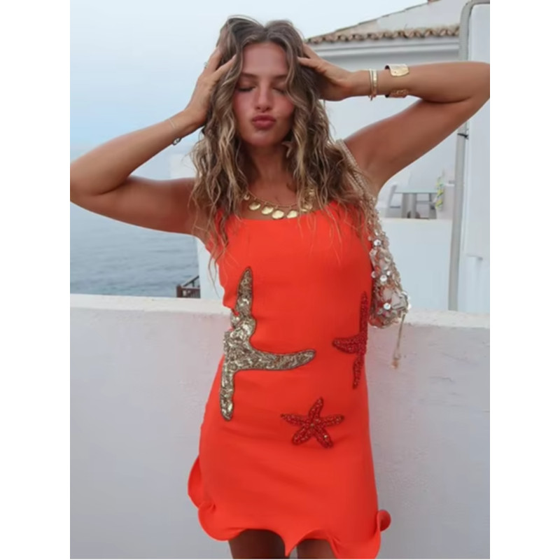 Chic Sparkling Star Print Ruffle Women Mini Dresses, Elegant Sleeveless Backless Pleated Knit Prom Dresses