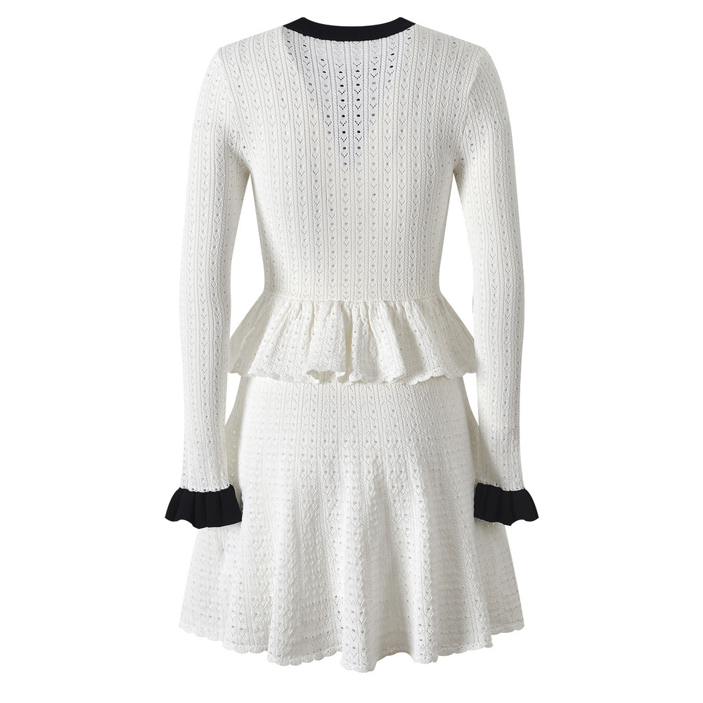 Elegant Hit Color Ruffles Knitting Sweater Dresses For Women New Autumn Flare Sleeves Patchwork Whi 2