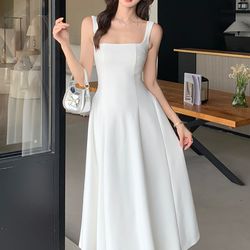 elegant luxury dance party dress for women, new white square collar sling sexy long dress, summer korean vintage bodycon