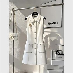 white vest dress for women slimming thin, french style small waist cinched, dress for important occasions early spring