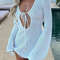 Women Sexy See Through White Knitted Mini Summer Dress, Vacation Beach Party Evening Outfit, Long Sleeve Short Vestido
