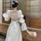 Elegant Sweet Puff Sleeves Dress Women Long Sleeve Backless Bow Bandage Dresses White Square Collar 2