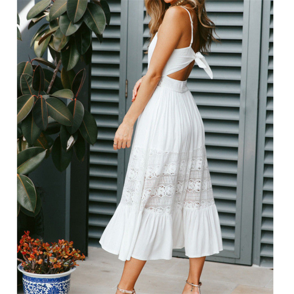 Elegant Sleeveless Lace Crochet A-Line Dresses, Fashion White Long Dress Women, Summer Sexy Backless Party Beach Dress