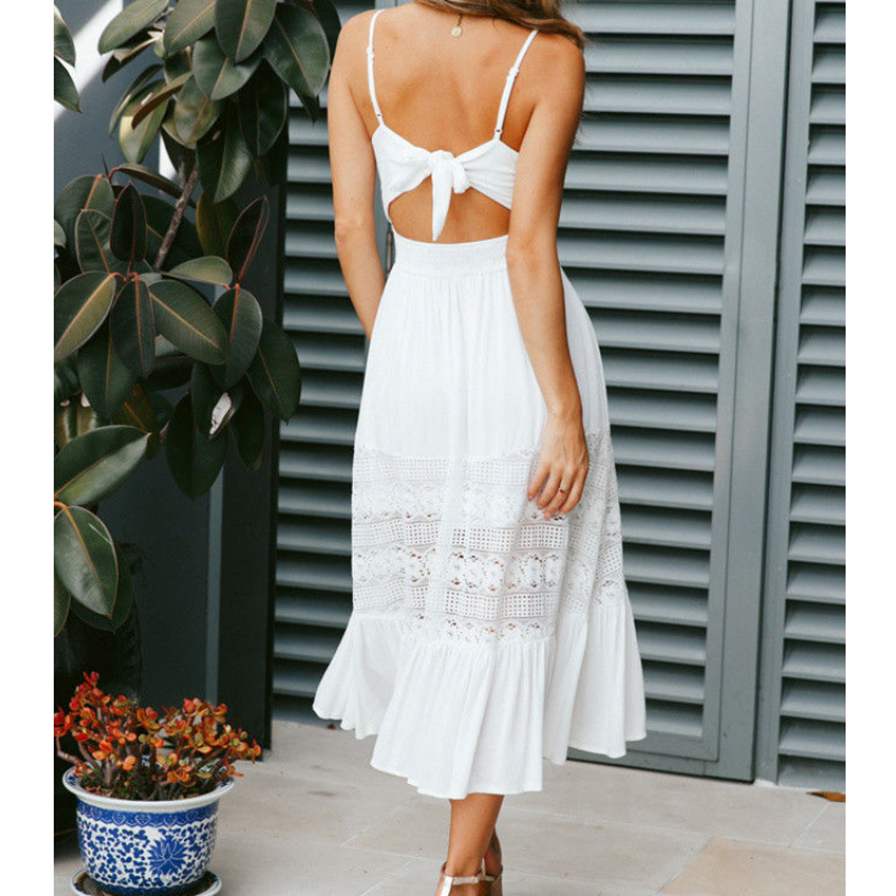 Elegant Sleeveless Lace Crochet A-Line Dresses, Fashion White Long Dress Women, Summer Sexy Backless Party Beach Dress