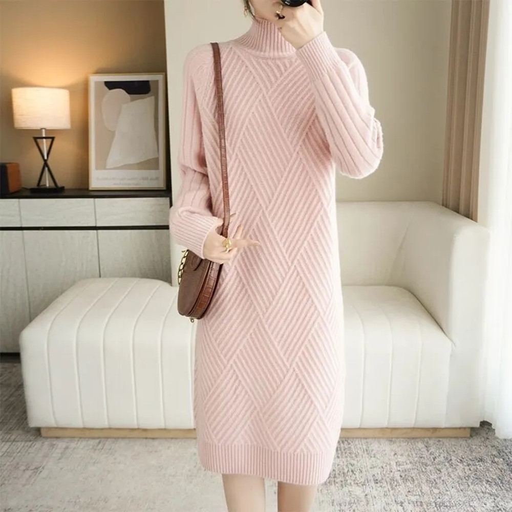 Autumn Winter Warm Korean Turtleneck Long Sleeve Bottoming Knitted Dresses Straight Sweater Dresses 2