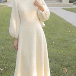 french fairy long dress, womens plush gentle white sweater dress spring autumn, new velvet thickening style dresses