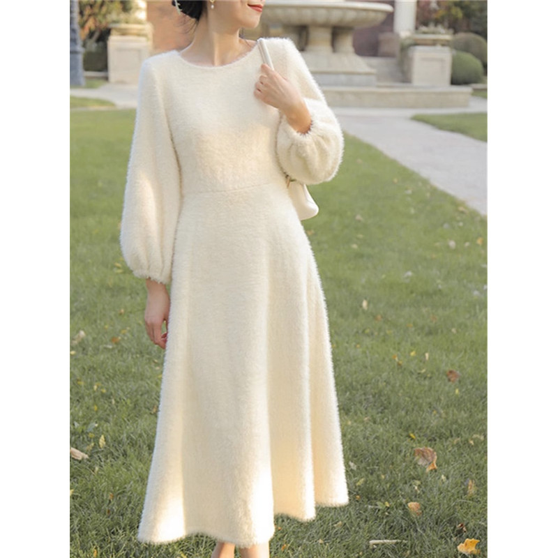French Fairy Long Dress, Womens Plush Gentle White Sweater Dress Spring Autumn, New Velvet Thickening Style Dresses